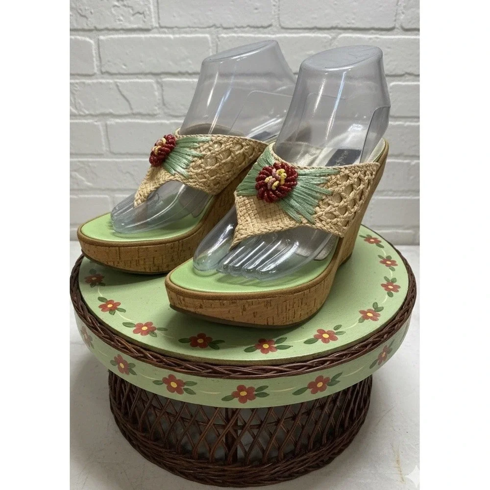 Giacinto🤑Vintage Italian💚Boho Floral Wedges Woven Straw & Cork Platform Sz36-6